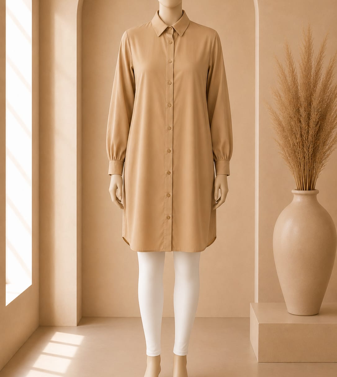 Sand Puff Sleeve Shirt Dress
