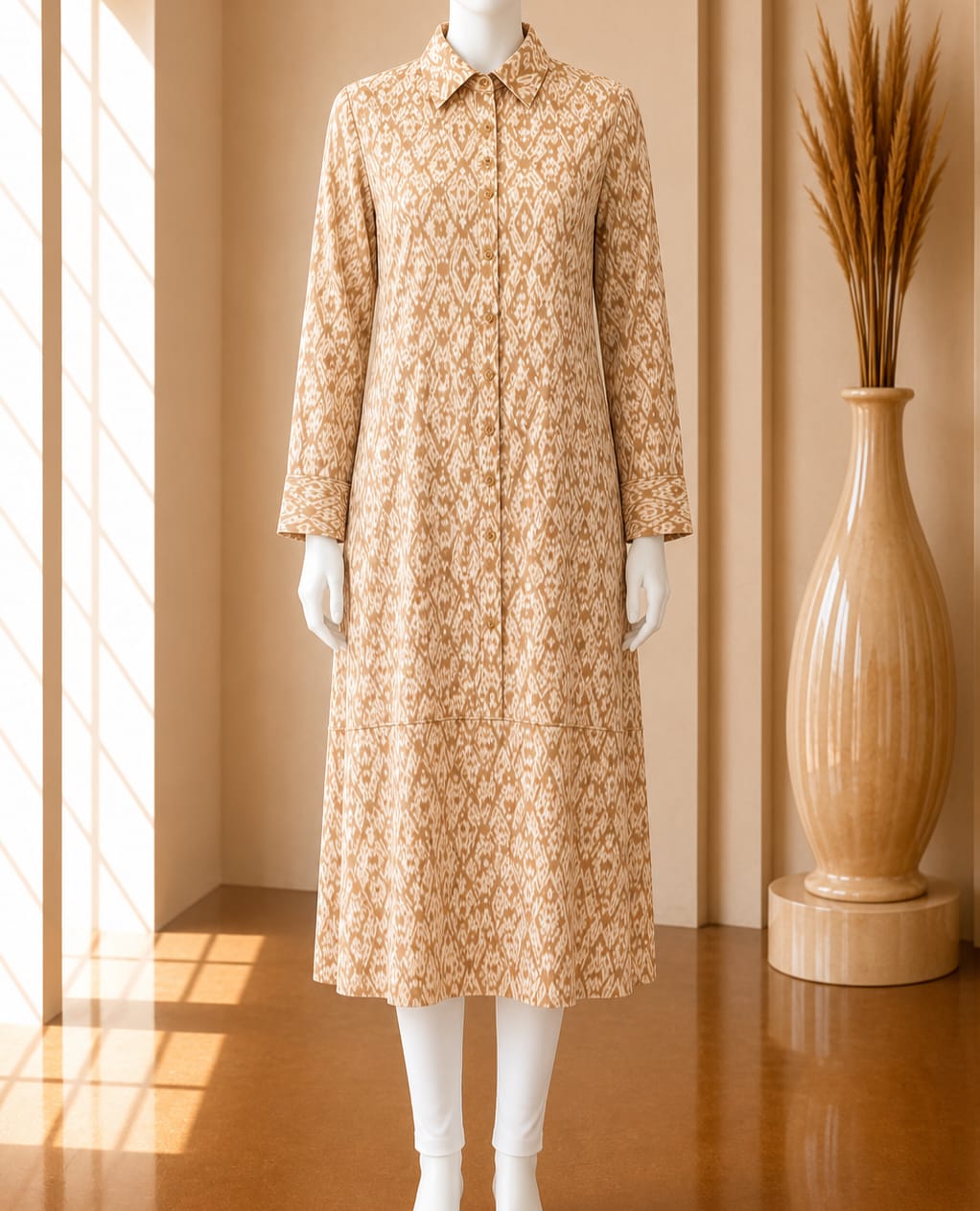 Golden Ikat Mosaic Shirt Dress