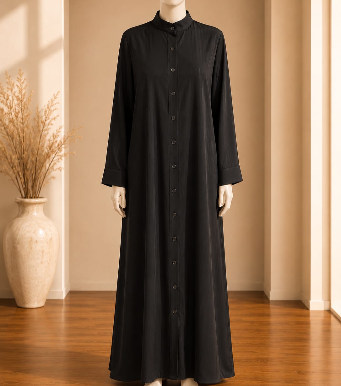 Midnight Noir Button-Front Maxi Abaya