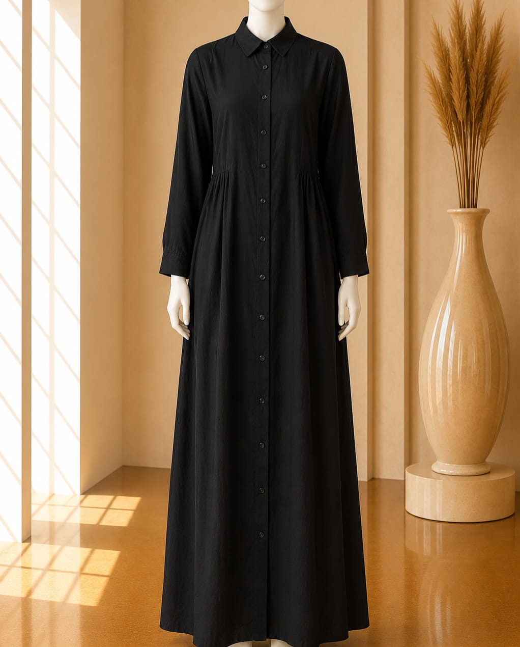 Black Gathered Shirt Maxi Dress