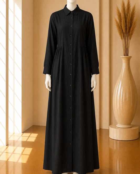 Black Gathered Shirt Maxi Dress