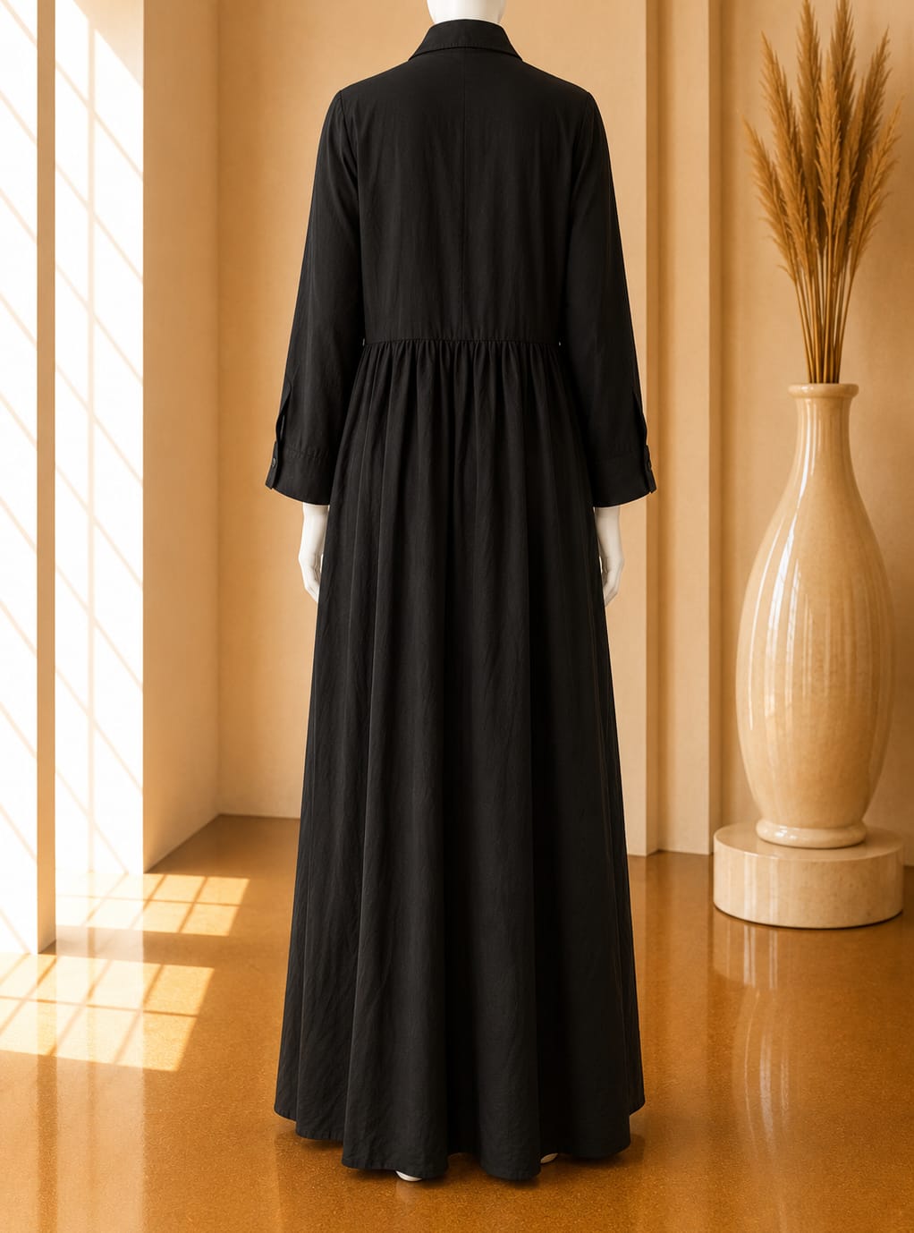 Black Gathered Shirt Maxi Dress
