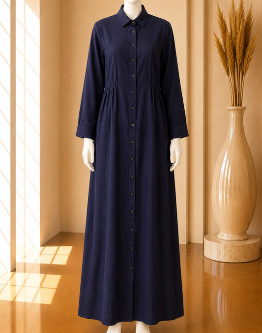 Navy Gathered Shirt Maxi Dress