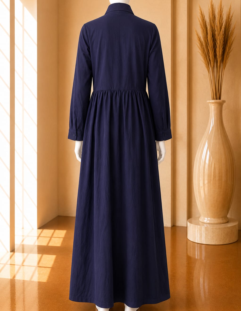 Navy Gathered Shirt Maxi Dress