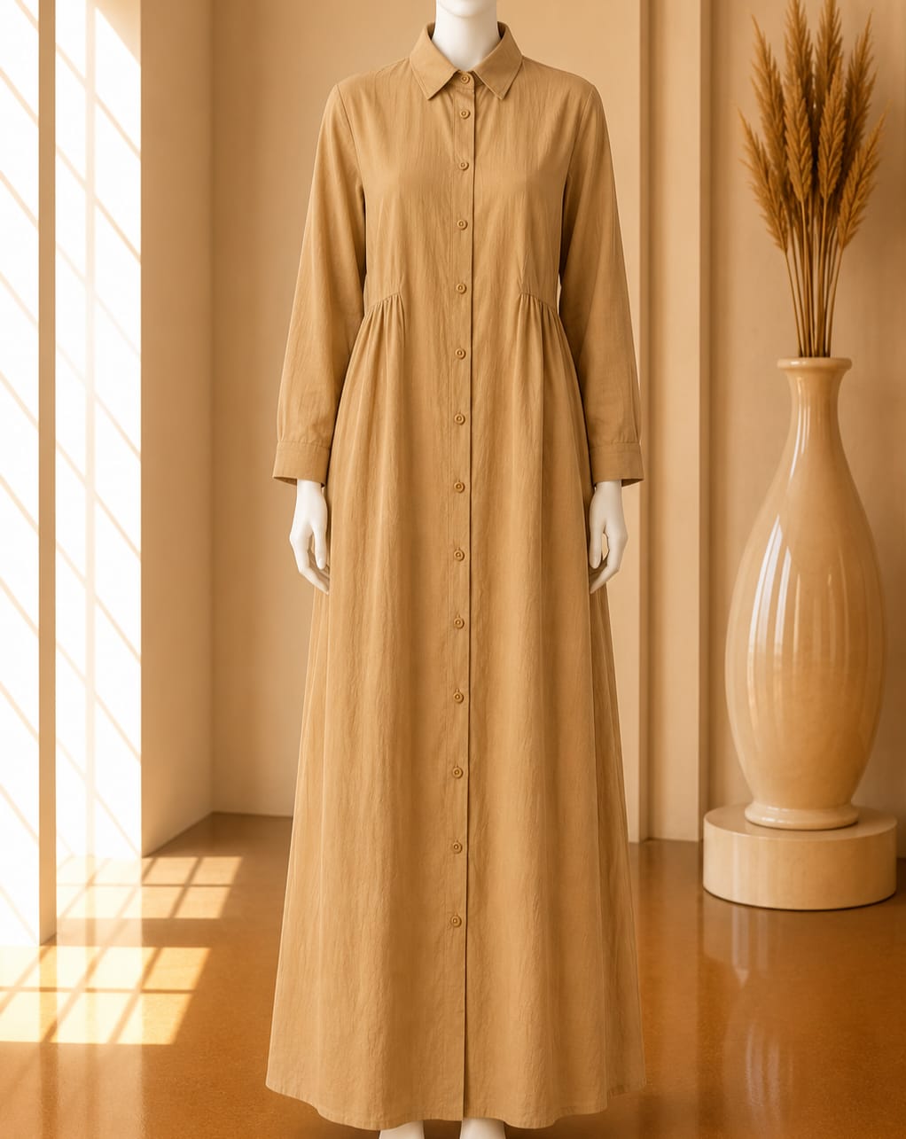 Camel Gathered Shirt Maxi Dress