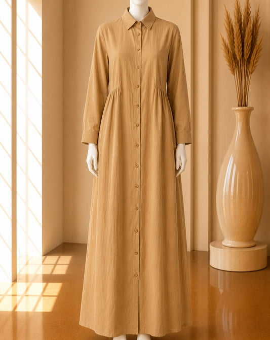 Camel Gathered Shirt Maxi Dress