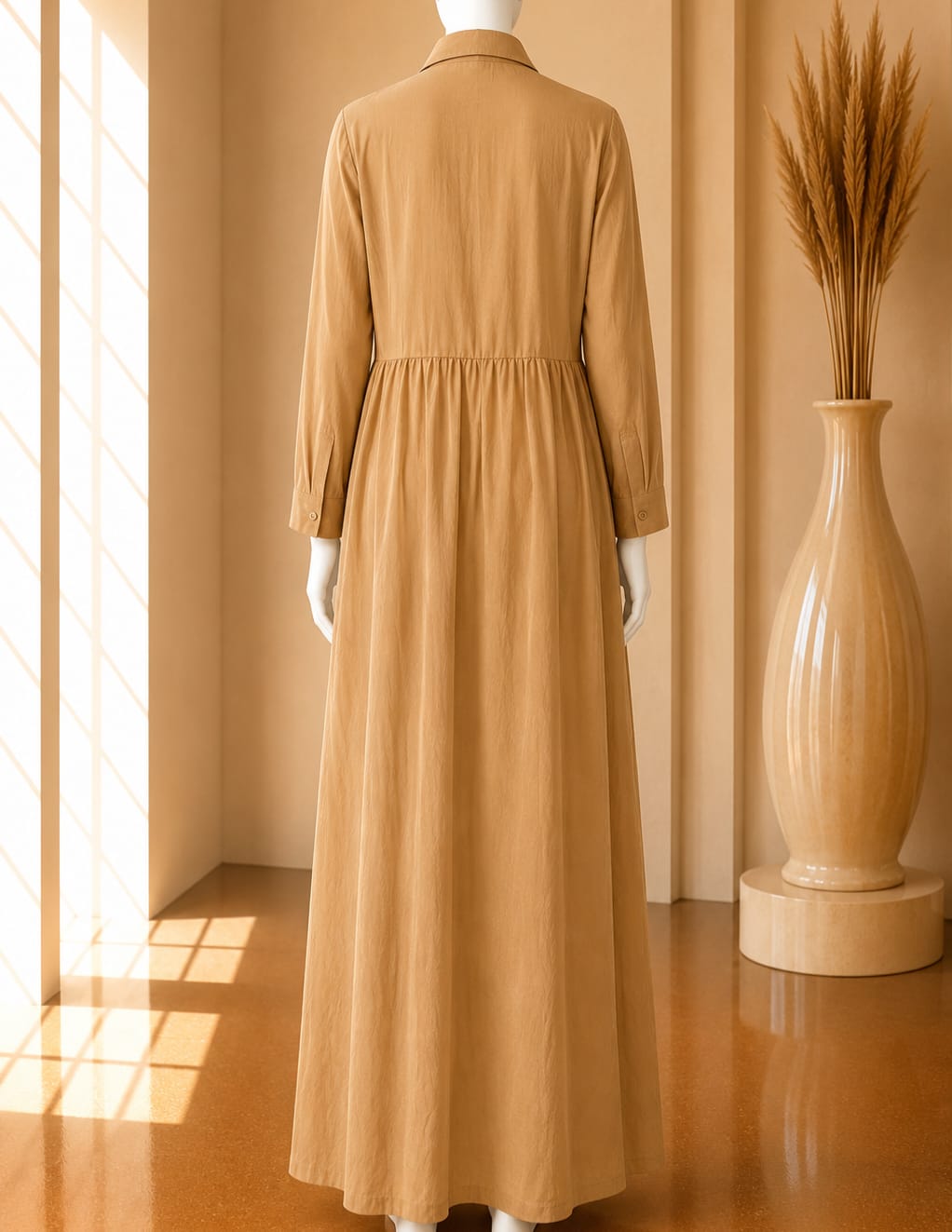 Camel Gathered Shirt Maxi Dress