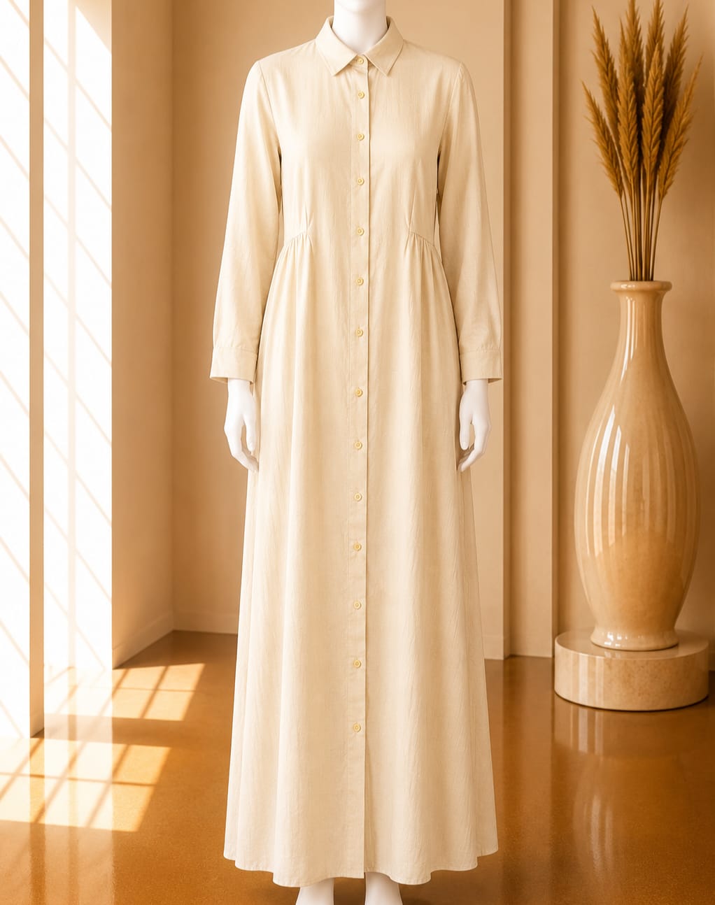 Ivory Gathered Shirt Maxi Dress