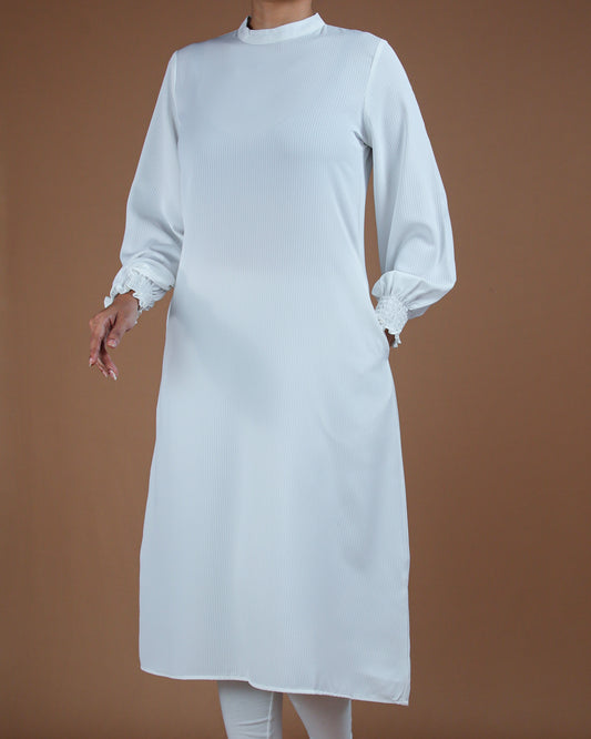 Elegant White Modest Long Sleeve Midi Dress