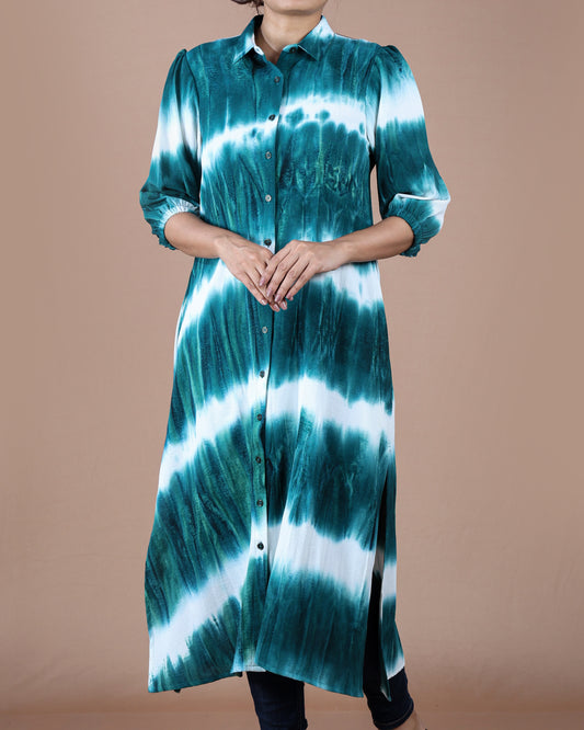 Hand-Dyed Teal & White Midi Shirt Dress
