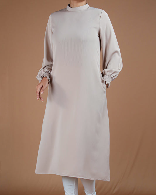 Elegant Beige Modest Long Sleeve Midi Dress