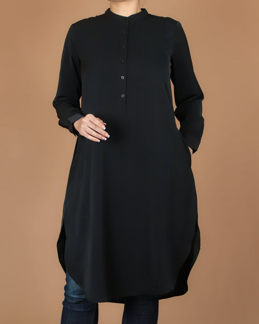 Elegant Black Longline Tunic with Mandarin Collar