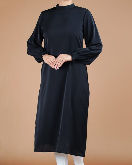 Elegant Black Modest Long Sleeve Midi Dress