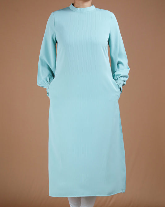 Elegant Soft Blue Modest Long Sleeve Midi Dress